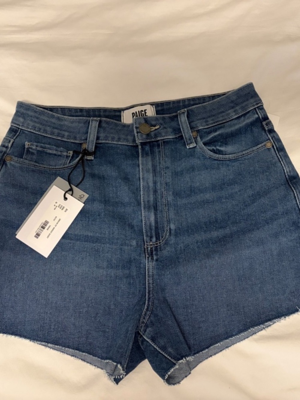Paige Margot Short Raw Hem Denim High Rise Shorts in Blue Waist 28 NWT